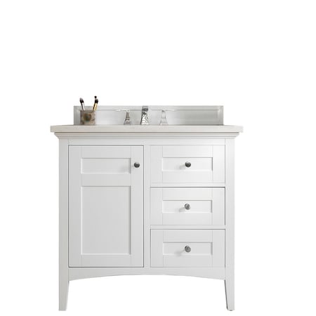James Martin Vanities Palisades 36in Single Vanity, Bright White w/ 3 CM Eternal Jasmine Pearl Quartz Top 527-V36-BW-3EJP